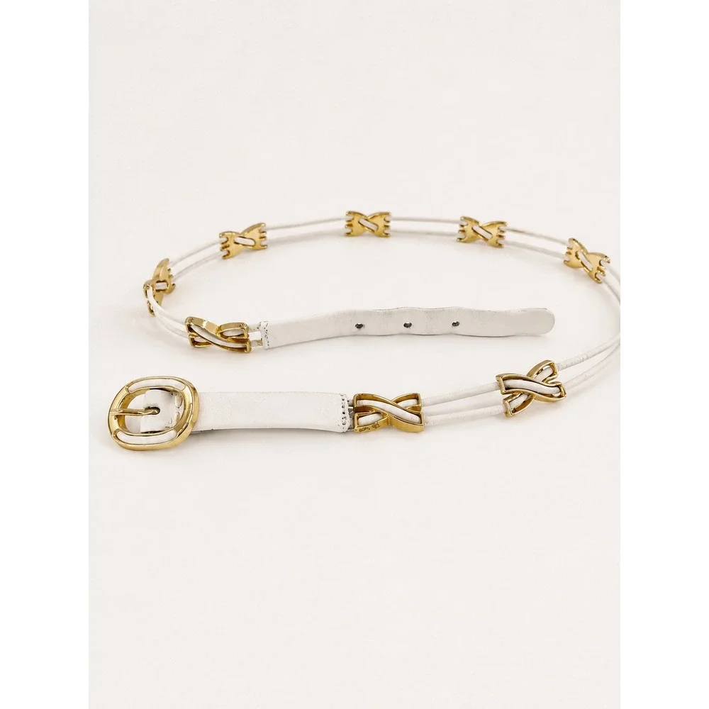 Calderon Leather Belt Womens S White‎ Gold Hardware Vintage Skinny Chic Luxury